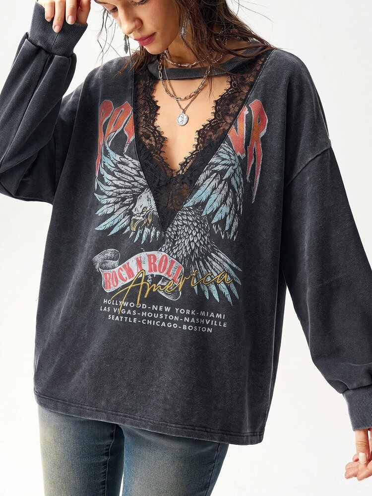 Bohemela Women's Autumn Casual Grunge Streetwear Multicolor Graphic Washed Knit Long Sleeve Sweatshirt/Halloween/Back To School/Going Out Concert/Y2K/Holiday/ - Black - View 10