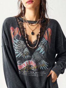 Bohemela 女款秋季休閒搖滾街頭風多色圖案水洗針織長袖衛衣/萬聖節/返校季/外出演唱會/Y2K/節日/ - 黑色 - 查看 3