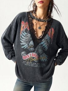 Bohemela 女款秋季休閒搖滾街頭風多色圖案水洗針織長袖衛衣/萬聖節/返校季/外出演唱會/Y2K/節日/ - 黑色 - 查看 2