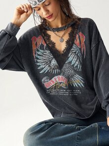 Bohemela 女款秋季休閒搖滾街頭風多色圖案水洗針織長袖衛衣/萬聖節/返校季/外出演唱會/Y2K/節日/ - 黑色 - 查看 8
