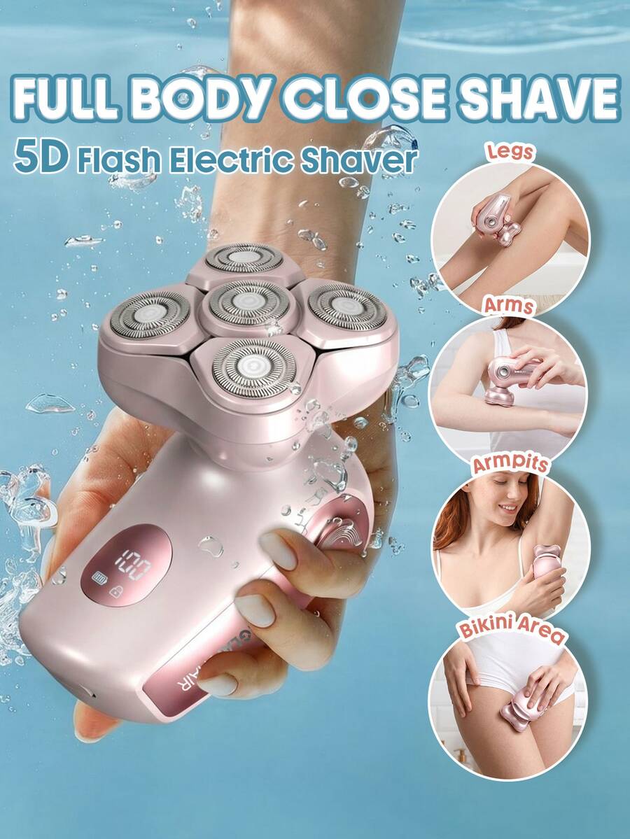 SHEGLAM HAIR Smooth Moves 5D 閃光電動刮鬍刀,360° 浮動五刀片刀頭,4800 轉/分鐘高速馬達,可充電,IPX7 級防水,乾濕兩用,女士臉部及身體除毛器 禮物 粉紅色的 化妝品 海灘 節慶 護髮 假期 夏天 美髮配件 返校 旅行 - 粉色 - 查看 1