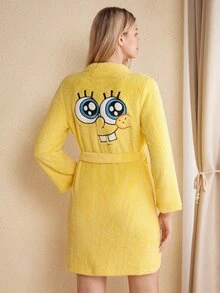 SpongeBob SquarePants | SHEIN Jubah Wanita Warna Kuning Bahan Bulu Karang dengan Bordir Kartun Lucu, Bahan Bulu Teddy, Dilengkapi Sabuk, Musim Gugur/Dingin, Lembut, Nyaman - Kuning - View 2