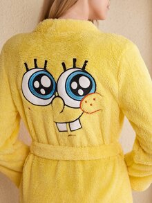 SpongeBob SquarePants | SHEIN Jubah Wanita Warna Kuning Bahan Bulu Karang dengan Bordir Kartun Lucu, Bahan Bulu Teddy, Dilengkapi Sabuk, Musim Gugur/Dingin, Lembut, Nyaman - Kuning - View 3