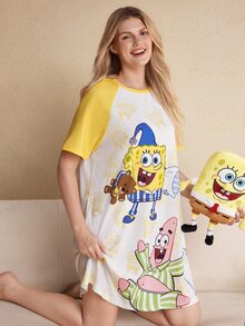 SpongeBob SquarePants | SHEIN 女士可爱卡通印花撞色插肩袖宽松睡衣连衣裙，夏季，哞哞睡裙 - 黃色 - 查看 5