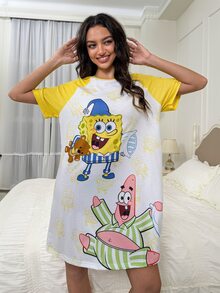 SpongeBob SquarePants | SHEIN 女士可爱卡通印花撞色插肩袖宽松睡衣连衣裙，夏季，哞哞睡裙 - 黃色 - 查看 6