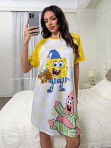 SpongeBob SquarePants | SHEIN 女士可爱卡通印花撞色插肩袖宽松睡衣连衣裙，夏季，哞哞睡裙 - 黃色 - 查看 7