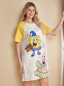 SpongeBob SquarePants | SHEIN 女士可爱卡通印花撞色插肩袖宽松睡衣连衣裙，夏季，哞哞睡裙 - 黃色 - 查看 3