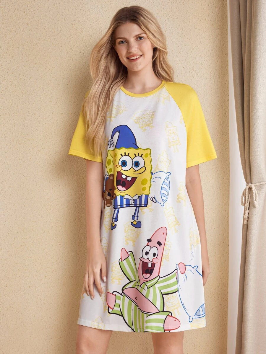 SpongeBob SquarePants | SHEIN 女士可爱卡通印花撞色插肩袖宽松睡衣连衣裙,夏季,哞哞睡裙 - 黃色 - 查看 1