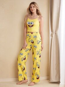SpongeBob SquarePants | SHEIN Conjunto de pijama de top de tirantes y pantalones largos con estampado de dibujos animados para mujer - Amarillo - Ver 3