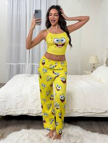 SpongeBob SquarePants | SHEIN Conjunto de pijama de top de tirantes y pantalones largos con estampado de dibujos animados para mujer - Amarillo - Ver 5
