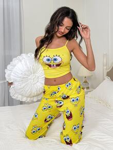 SpongeBob SquarePants | SHEIN Conjunto de pijama de top de tirantes y pantalones largos con estampado de dibujos animados para mujer - Amarillo - Ver 6