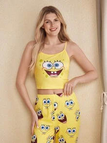 SpongeBob SquarePants | SHEIN Conjunto de pijama de top de tirantes y pantalones largos con estampado de dibujos animados para mujer - Amarillo - Ver 4