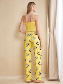 SpongeBob SquarePants | SHEIN Conjunto de pijama de top de tirantes y pantalones largos con estampado de dibujos animados para mujer - Amarillo - Ver 2