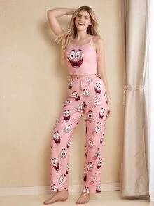 SpongeBob SquarePants | SHEIN Women's Spaghetti Strap Cute Print Comfortable Pajama Set - Pink - View 3