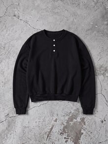 ESTAVOR Men's Casual Loose Fit Crew Neck Pullover Sweatshirt With Button Placket, Standard Size, Black Solid Color, Spring/Autumn - Black - View 2