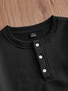 ESTAVOR Men's Casual Loose Fit Crew Neck Pullover Sweatshirt With Button Placket, Standard Size, Black Solid Color, Spring/Autumn - Black - View 4