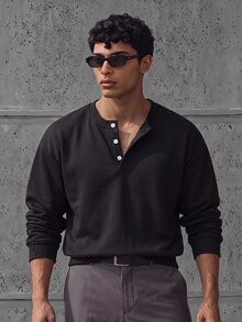 ESTAVOR Men's Casual Loose Fit Crew Neck Pullover Sweatshirt With Button Placket, Standard Size, Black Solid Color, Spring/Autumn - Black - View 6