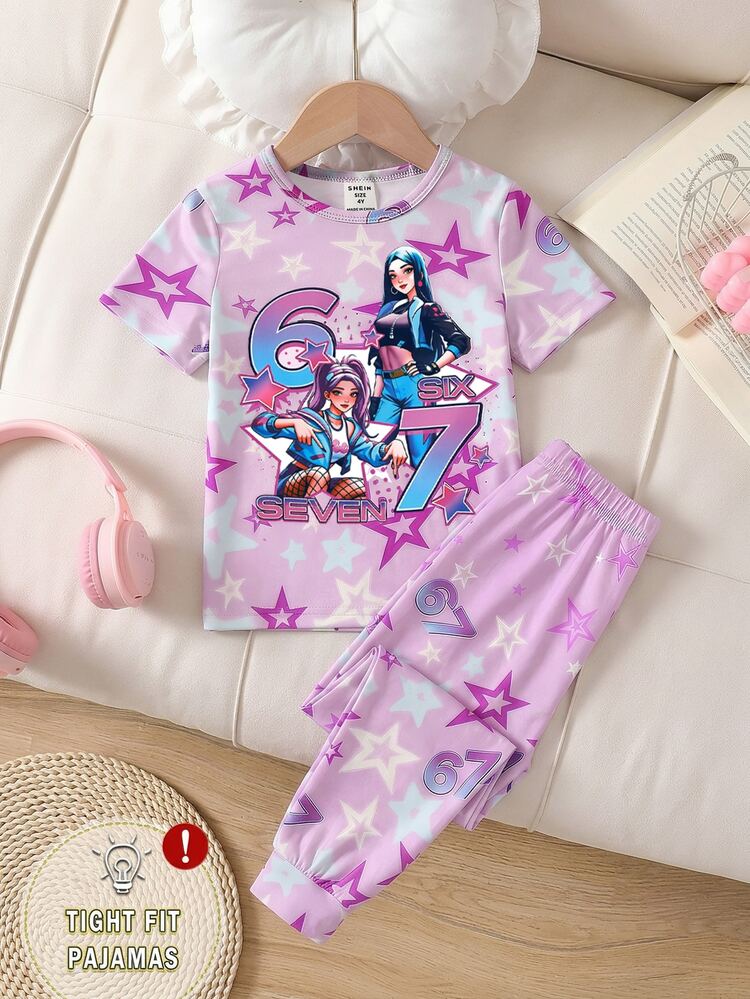 [Randomly Sent 1 Set]Girls Toddler Spring/Summer Pajama Set, Cool K-POP Girl Group Pattern Print, Light Pink & Blue Fresh Color Scheme, Knitted Fabric, Comfortable Soft High Elasticity Slim Fit, UV Light Reactive Glow, Round Neck Short Sleeve & Long Pants 2 Pieces Loungewear Pajamas - Multicolor - View 5