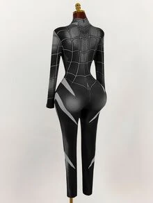 Amplova Halloween Long-Sleeve Reflective High-Stretch Spider Web Print Unitard Jumpsuit Rave Night Out Club Black And White Autumn Bandage Techno Goth Sexy - Black - View 11