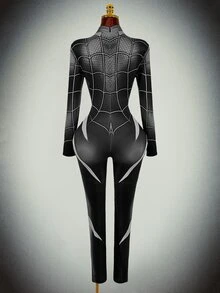 Amplova Halloween Long-Sleeve Reflective High-Stretch Spider Web Print Unitard Jumpsuit Rave Night Out Club Black And White Autumn Bandage Techno Goth Sexy - Black - View 9