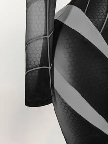 Amplova Halloween Long-Sleeve Reflective High-Stretch Spider Web Print Unitard Jumpsuit Rave Night Out Club Black And White Autumn Bandage Techno Goth Sexy - Black - View 15