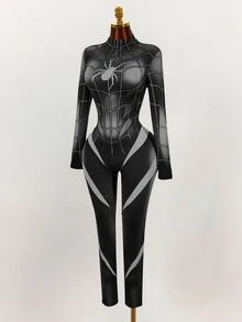 Amplova Halloween Long-Sleeve Reflective High-Stretch Spider Web Print Unitard Jumpsuit Rave Night Out Club Black And White Autumn Bandage Techno Goth Sexy - Black - View 12