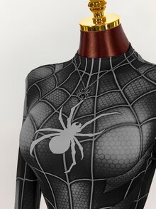 Amplova Halloween Long-Sleeve Reflective High-Stretch Spider Web Print Unitard Jumpsuit Rave Night Out Club Black And White Autumn Bandage Techno Goth Sexy - Black - View 13