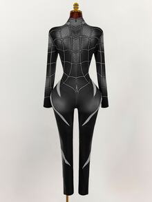 Amplova Halloween Long-Sleeve Reflective High-Stretch Spider Web Print Unitard Jumpsuit Rave Night Out Club Black And White Autumn Bandage Techno Goth Sexy - Black - View 18