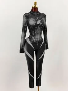Amplova Halloween Long-Sleeve Reflective High-Stretch Spider Web Print Unitard Jumpsuit Rave Night Out Club Black And White Autumn Bandage Techno Goth Sexy - Black - View 17
