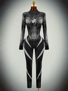 Amplova Halloween Long-Sleeve Reflective High-Stretch Spider Web Print Unitard Jumpsuit Rave Night Out Club Black And White Autumn Bandage Techno Goth Sexy - Black - View 1