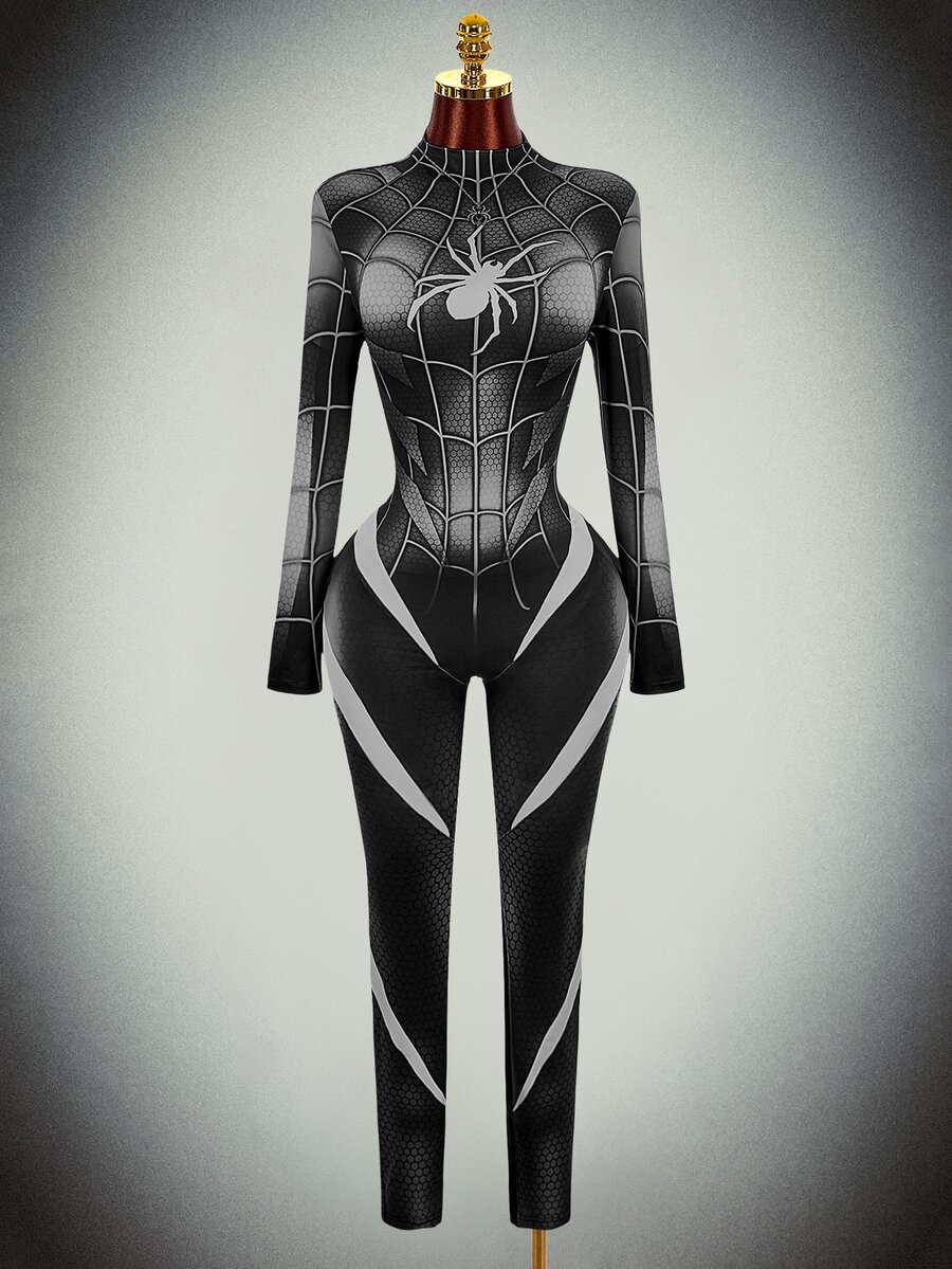 Amplova Halloween Long-Sleeve Reflective High-Stretch Spider Web Print Unitard Jumpsuit Rave Night Out Club Black And White Autumn Bandage Techno Goth Sexy - Black - View 1