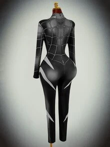 Amplova Halloween Long-Sleeve Reflective High-Stretch Spider Web Print Unitard Jumpsuit Rave Night Out Club Black And White Autumn Bandage Techno Goth Sexy - Black - View 2