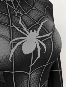 Amplova Halloween Long-Sleeve Reflective High-Stretch Spider Web Print Unitard Jumpsuit Rave Night Out Club Black And White Autumn Bandage Techno Goth Sexy - Black - View 16