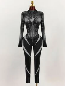 Amplova Halloween Long-Sleeve Reflective High-Stretch Spider Web Print Unitard Jumpsuit Rave Night Out Club Black And White Autumn Bandage Techno Goth Sexy - Black - View 10