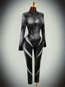 Amplova Halloween Long-Sleeve Reflective High-Stretch Spider Web Print Unitard Jumpsuit Rave Night Out Club Black And White Autumn Bandage Techno Goth Sexy - Black - View 8