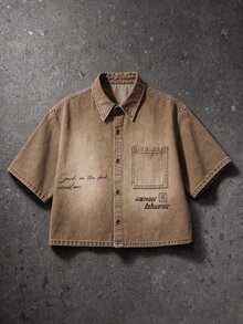 NEON BLANC Men's Single-Breasted Letter Print Casual Daily Denim Shirt - Khaki - View 8