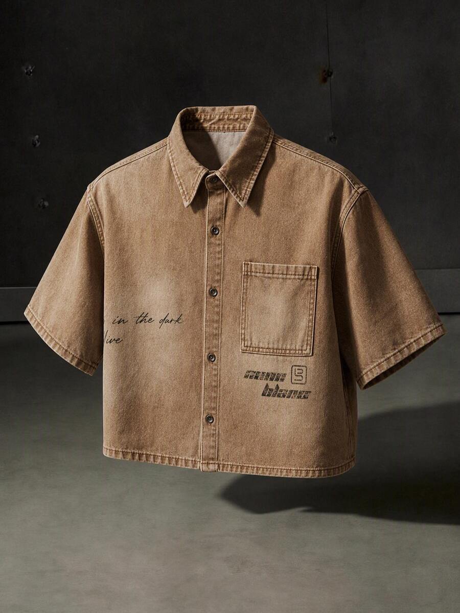 NEON BLANC Men's Single-Breasted Letter Print Casual Daily Denim Shirt - Khaki - View 1