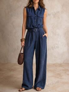 Solivie Women's Button Fashion Versatile Sleeveless Jumpsuit Daily - Navy Blue - View 6