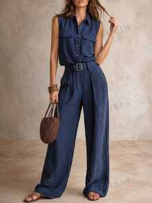 Solivie Women's Button Fashion Versatile Sleeveless Jumpsuit Daily - Navy Blue - View 4