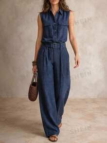 Solivie Women's Button Fashion Versatile Sleeveless Jumpsuit Daily - Navy Blue - View 7