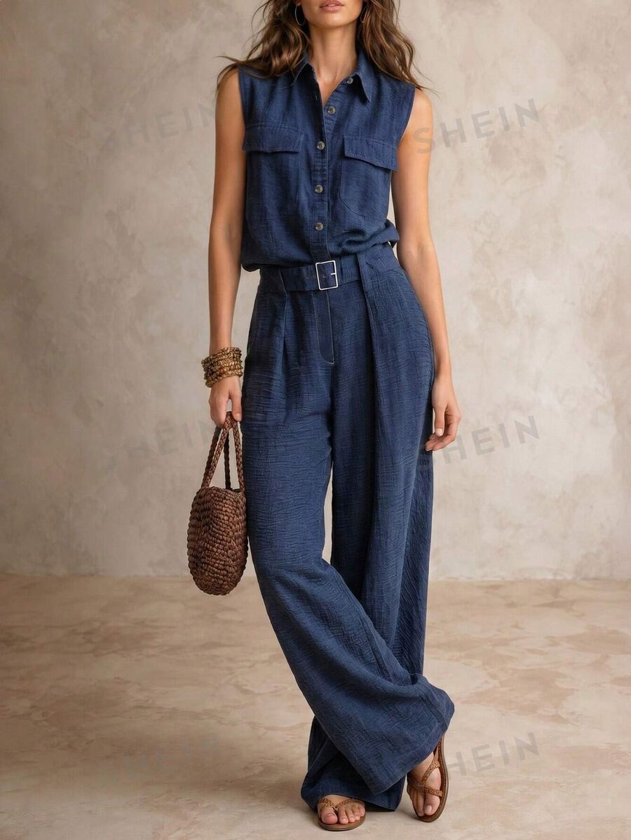 Solivie Women's Button Fashion Versatile Sleeveless Jumpsuit Daily - Navy Blue - View 1