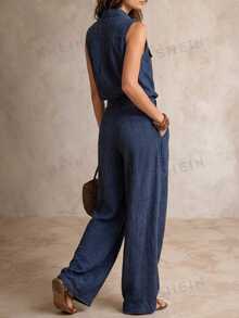 Solivie Women's Button Fashion Versatile Sleeveless Jumpsuit Daily - Navy Blue - View 2