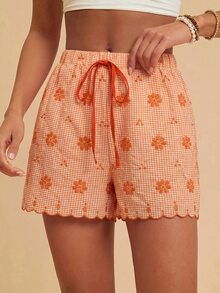 Travachic 女款花卉印花抽繩腰綁結休閒白色夏季波西米亞海灘度假短褲，舒適飄逸優雅熱帶風短褲 - 橘色 - 查看 4