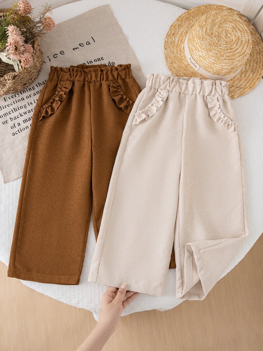 SHEIN Playful Pals 女款休閒百搭寬鬆舒適紋理素色寬腿褲,杏色與棕色新品,可與姐妹和母親搭配,適合度假與旅行 - 彩色 - 查看 1