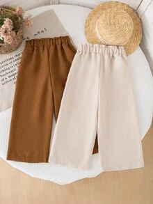 SHEIN Playful Pals 女款休閒百搭寬鬆舒適紋理素色寬腿褲，杏色與棕色新品，可與姐妹和母親搭配，適合度假與旅行 - 彩色 - 查看 2