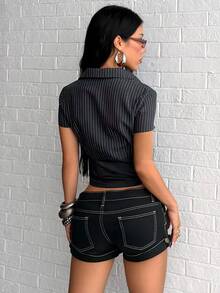 Jeanoix Women's Striped Tie-Front Design Casual Versatile Everyday Outing Shirt - Black - View 2