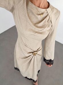 Siren Gaze 女款純色扭結設計前金屬扣飾喇叭袖長袖洋裝，女款婚禮賓客禮服，女款冬季洋裝 - 杏色 - 查看 6
