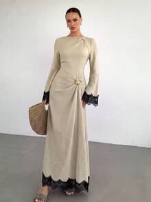Siren Gaze 女款純色扭結設計前金屬扣飾喇叭袖長袖洋裝，女款婚禮賓客禮服，女款冬季洋裝 - 杏色 - 查看 7