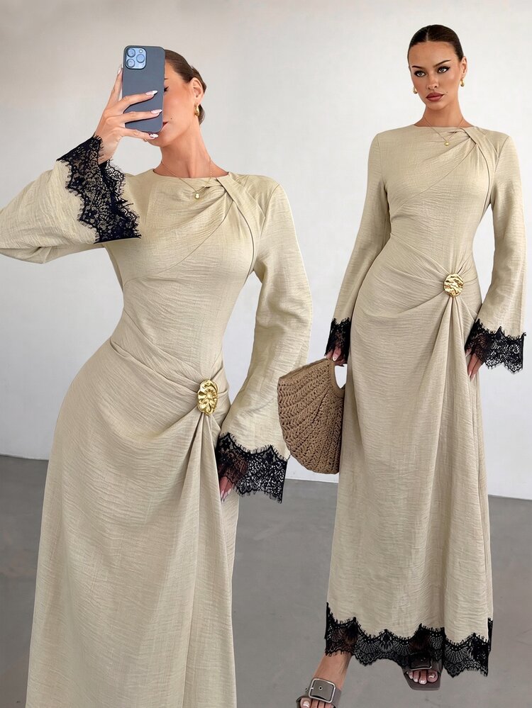 Siren Gaze Women's Solid Color Twisted Detail Front Metal Buckle Decor Flared Long Sleeve Dress, Women's Wedding Guest Dress, Women's Winter Dress - Apricot - View 4