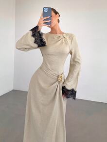 Siren Gaze 女款純色扭結設計前金屬扣飾喇叭袖長袖洋裝，女款婚禮賓客禮服，女款冬季洋裝 - 杏色 - 查看 5